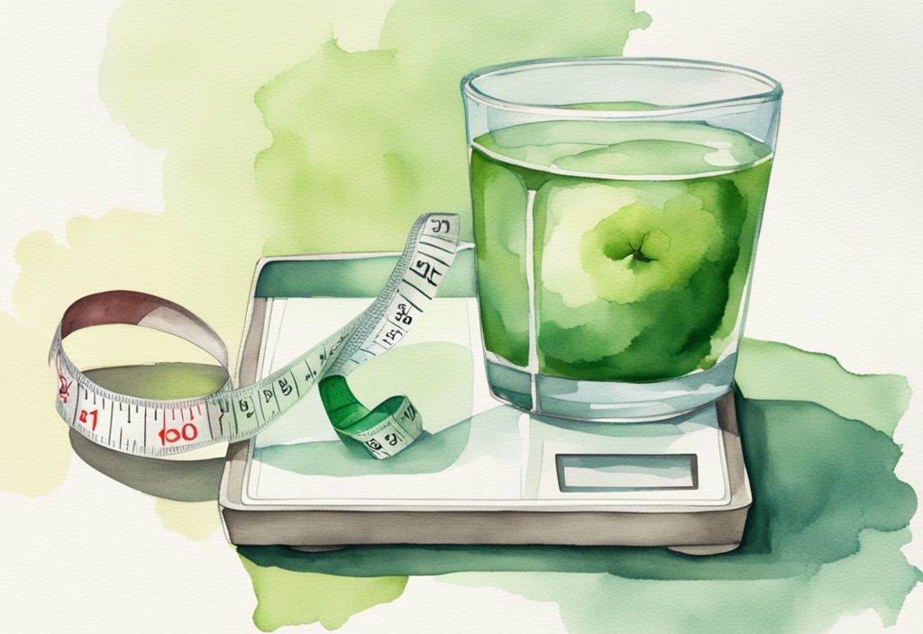 Moderne Aquarellillustration mit grünem Farbschema, ein Glas Wasser neben einer Waage und einem Maßband, symbolisiert Gewichtsverlust