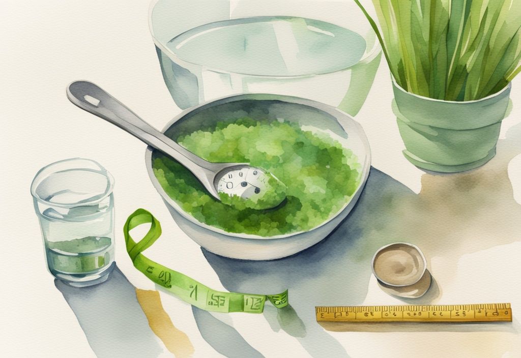 Moderne Aquarellillustration mit grünem Farbschema, Löffel mit Flohsamenschalen im Vordergrund, Maßband, Glas Wasser und Waage im Hintergrund