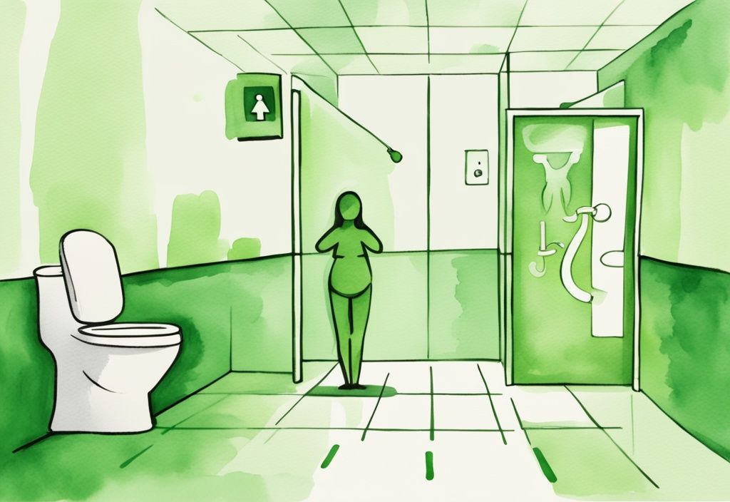 Moderne Aquarellillustration in Grün, die eine Waage zeigt, die vor und nach der Benutzung einer Toilette durch eine Strichfigur ein etwas niedrigeres Gewicht anzeigt, symbolisiert wie viel Gewicht verliert man beim Stuhlgang.