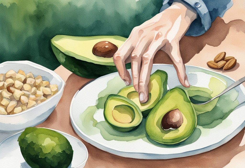 Moderne Aquarellillustration einer erschöpften Person, die fettarme Lebensmittel ablehnt und stattdessen zu gesunden Fetten wie Avocados und Nüssen greift, Hauptfarbthema grün