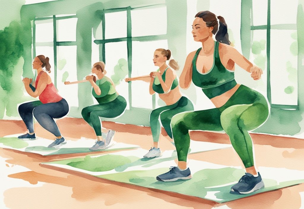 Moderne Aquarellillustration in Grün, Person macht beinbetonte Aerobic-Übungen wie Ausfallschritte und Kniebeugen, symbolisiert den Prozess: wie kann man an den Oberschenkeln abnehmen.