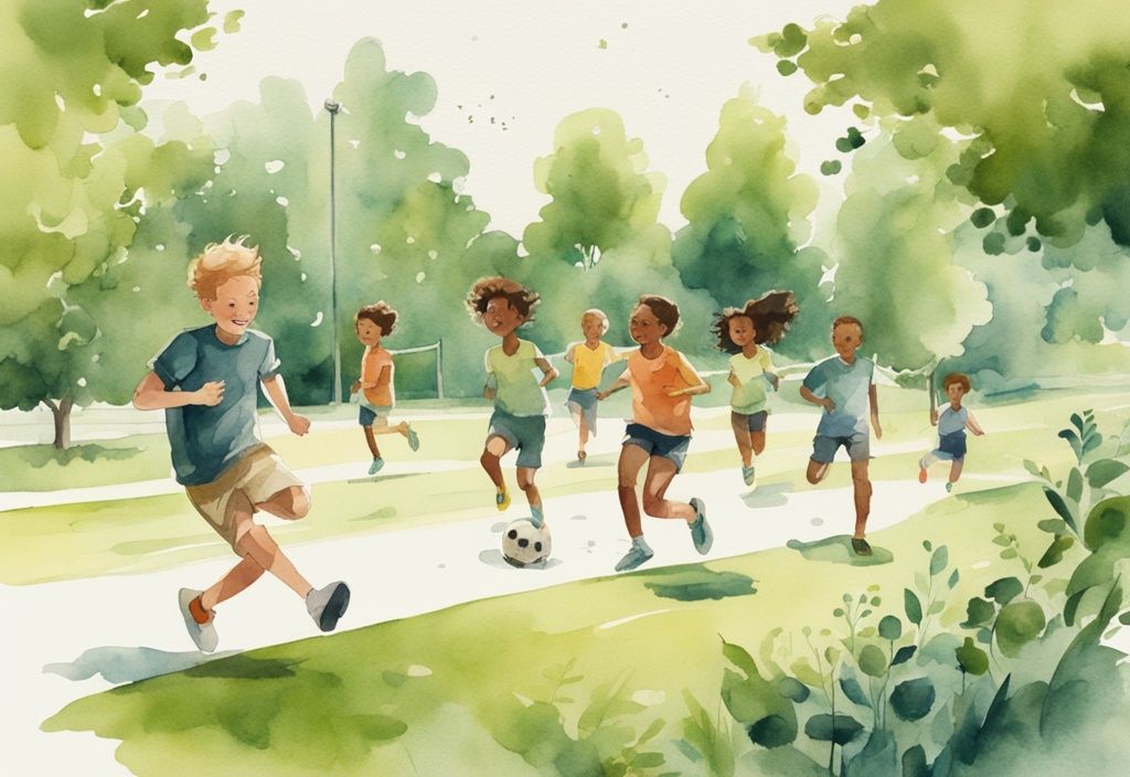 Moderne Aquarellillustration von Kindern, die in einem grünen Park rennen, Fußball spielen, Rad fahren und Seilspringen, zeigt, wie können Kinder abnehmen durch körperliche Aktivitäten.