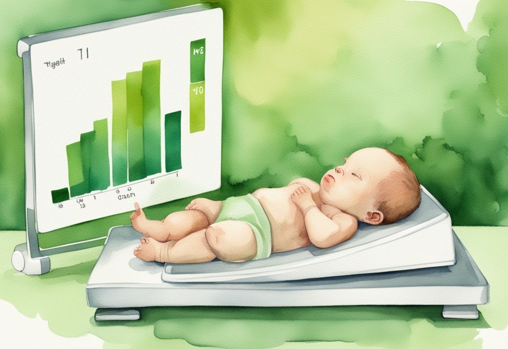 Moderne Aquarellillustration eines Neugeborenen auf einer Waage mit besorgter Mutter, die ein Diagramm über typischen Gewichtsverlust und -zunahme bei Neugeborenen betrachtet, wie viel darf ein Neugeborenes abnehmen.