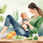 Moderne Aquarellillustration einer Mutter, die ihr Baby stillt, einen gesunden Snack isst und ihren Fitness-Tracker überprüft, wie Abnehmen in der Stillzeit.