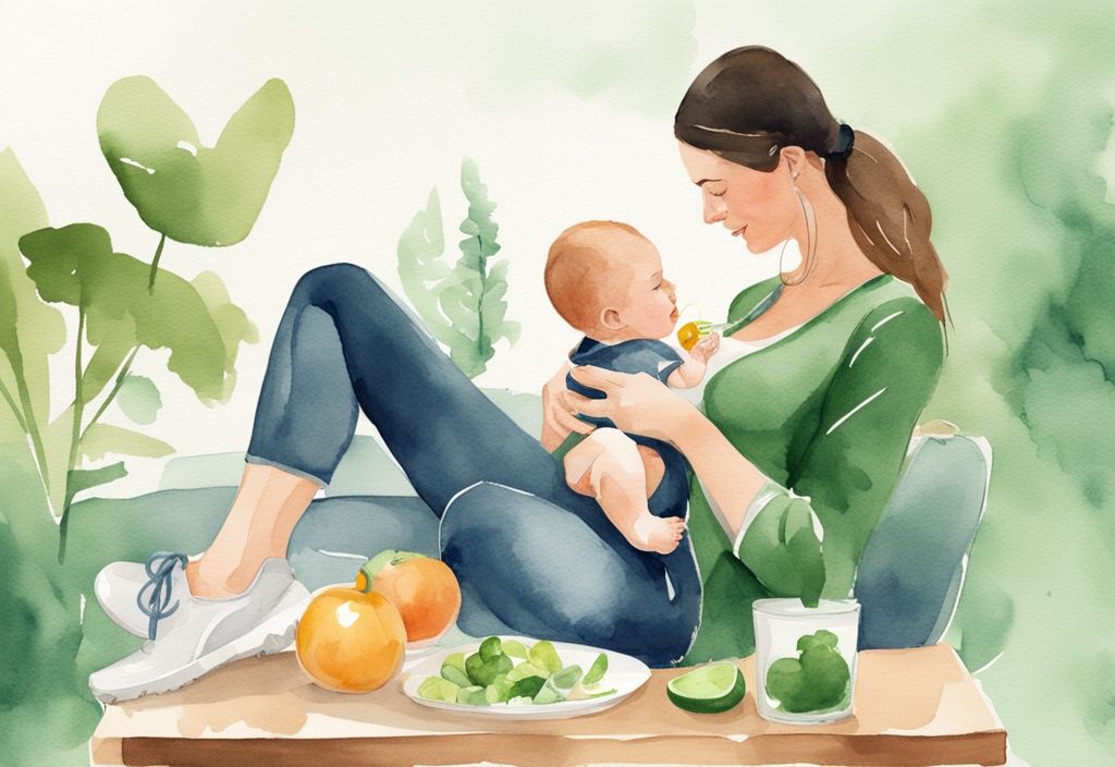 Moderne Aquarellillustration einer Mutter, die ihr Baby stillt, einen gesunden Snack isst und ihren Fitness-Tracker überprüft, wie Abnehmen in der Stillzeit.