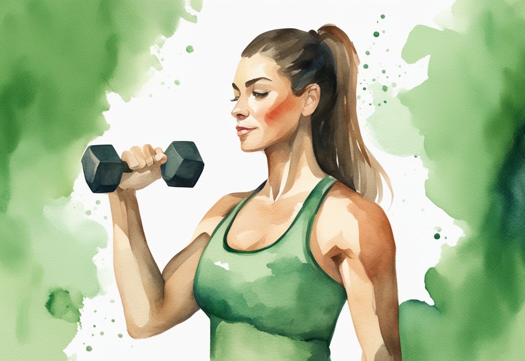 Aquarellillustration einer Frau beim Armtraining mit kleinen Hanteln, zeigt ihre straffen Arme vor und nach Gewichtsverlust, Hauptfarbe Grün.