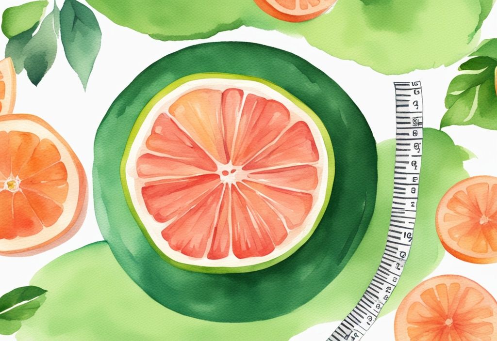 Moderne Aquarellillustration mit grünem Farbschema, aufgeschnittene Grapefruit neben einem Maßband, gesunde Ernährung für Gewichtsverlust.