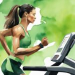 Moderne Aquarellillustration einer Person, die beim zügigen Gehen auf einem Laufband die Zeit auf einer Fitnessuhr überprüft, mit intensiver Entschlossenheit im Gesicht – wie lange Laufband zum Abnehmen.