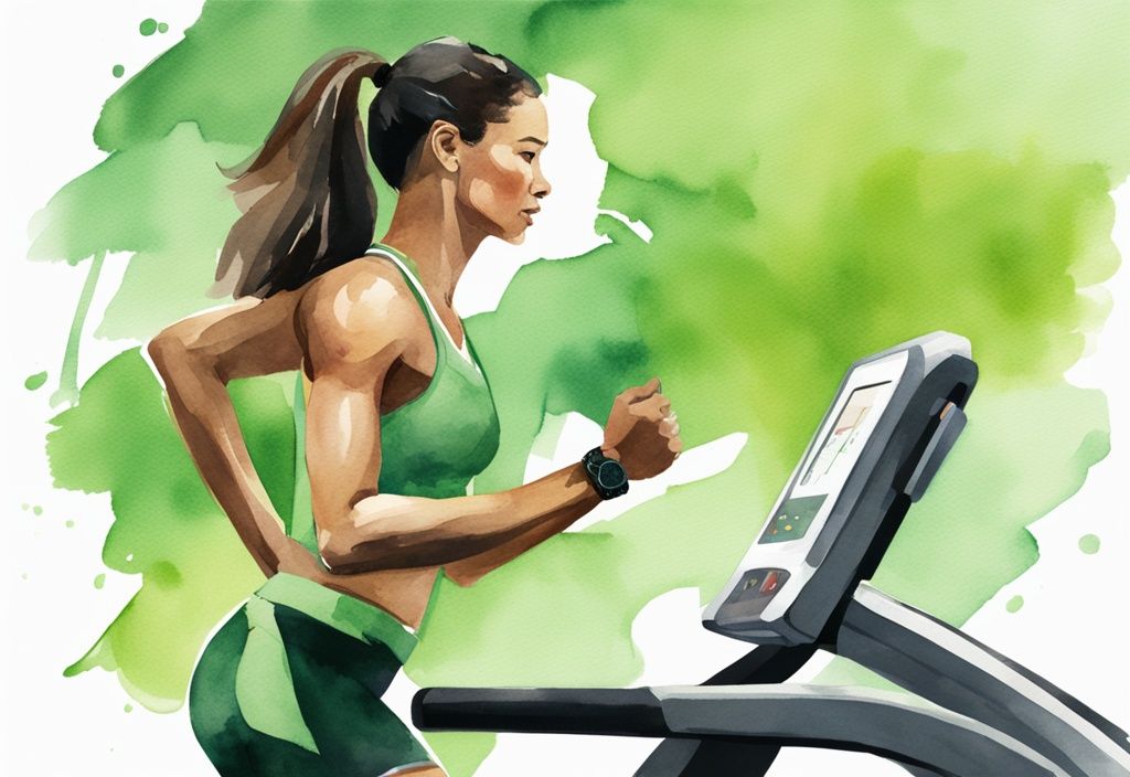 Moderne Aquarellillustration einer Person, die beim zügigen Gehen auf einem Laufband die Zeit auf einer Fitnessuhr überprüft, mit intensiver Entschlossenheit im Gesicht – wie lange Laufband zum Abnehmen.