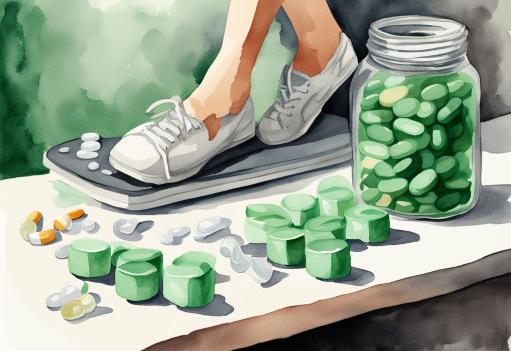 Moderne Aquarellillustration einer gestressten Person, die auf eine Waage schaut, mit einem Glas Cortison-Pillen und einem Paar Laufschuhe daneben, Gewichtszunahme durch Cortison wie abnehmen.