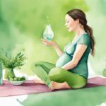 Moderne Aquarellillustration einer schwangeren Frau beim pränatalen Yoga mit ausgewogenen, nahrhaften Mahlzeiten und einem Glas Wasser im Vordergrund, wie kann ich in der Schwangerschaft abnehmen.