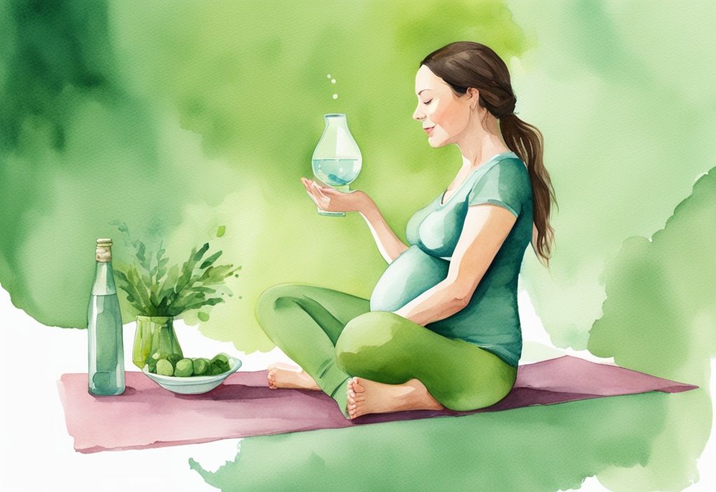 Moderne Aquarellillustration einer schwangeren Frau beim pränatalen Yoga mit ausgewogenen, nahrhaften Mahlzeiten und einem Glas Wasser im Vordergrund, wie kann ich in der Schwangerschaft abnehmen.