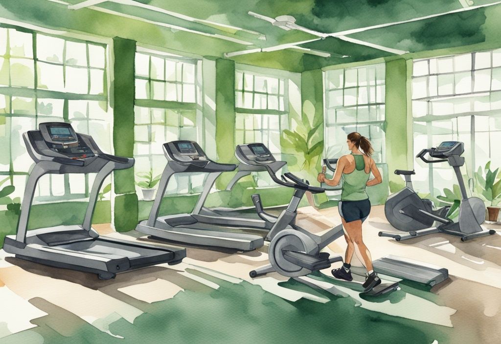 Moderne Aquarellillustration eines geräumigen, gut beleuchteten Fitnessstudios mit grüner Farbgebung, zeigt verschiedene Fitnessgeräte wie Laufbänder, Heimtrainer und Rudergeräte sowie eine schlanke Person beim Training.