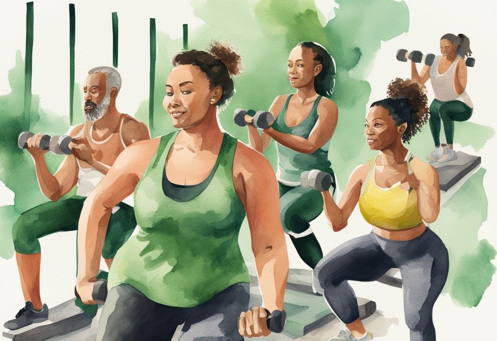 Moderne Aquarellillustration einer vielfältigen Gruppe von Personen, die in einem Fitnessstudio verschiedene Übungen für die Oberschenkel durchführen, Hauptfarbe grün.