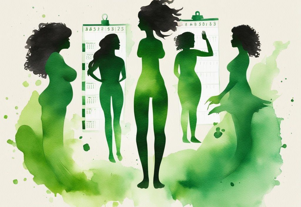 Moderne Aquarellillustration einer weiblichen Silhouette, die leichter wird, symbolisiert Gewichtsverlust nach dem Menstruationszyklus, mit Kalenderdaten im Hintergrund, Hauptfarbthema grün