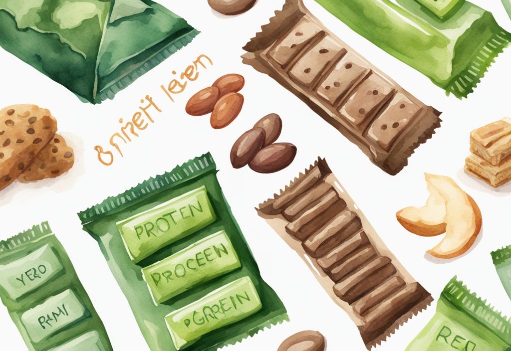 Moderne Aquarell-Illustration von Protein- und Snackriegeln in einer Linie, beschriftet mit Vorteilen für Gewichtsverlust, Hauptfarbe Grün