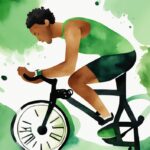 Moderne Aquarellillustration eines motivierten Individuums bei verschiedenen Cardio-Übungen wie Laufen, Schwimmen und Radfahren mit einer tickenden Uhr im Hintergrund, die die wöchentliche Dauer der Workouts zeigt, wie viel Cardio zum Abnehmen pro Woche.