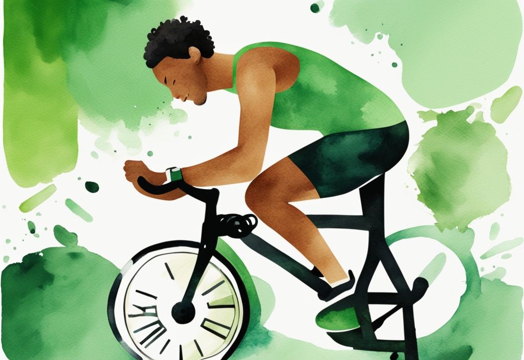 Moderne Aquarellillustration eines motivierten Individuums bei verschiedenen Cardio-Übungen wie Laufen, Schwimmen und Radfahren mit einer tickenden Uhr im Hintergrund, die die wöchentliche Dauer der Workouts zeigt, wie viel Cardio zum Abnehmen pro Woche.