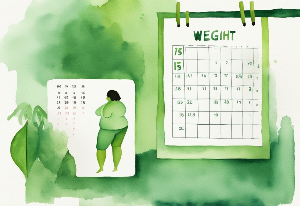 Moderne Aquarellillustration in Grün mit Kalender, der Tage eines Gewichtsverlustplateaus markiert, und Figur auf einer Waage, die Gewichtsstillstand darstellt; wie lange dauert ein Stillstand beim Abnehmen.