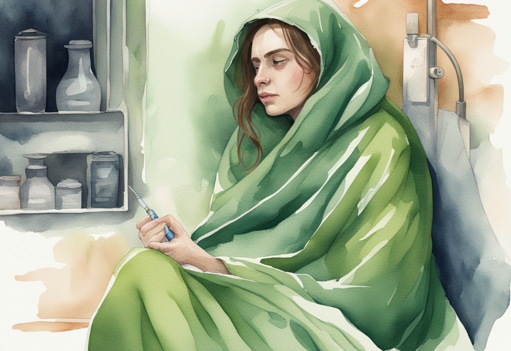 Moderne Aquarellillustration einer schlanken Person, die zitternd in eine Decke gehüllt ist, mit einem Thermometer im Hintergrund, das eine niedrige Temperatur anzeigt.