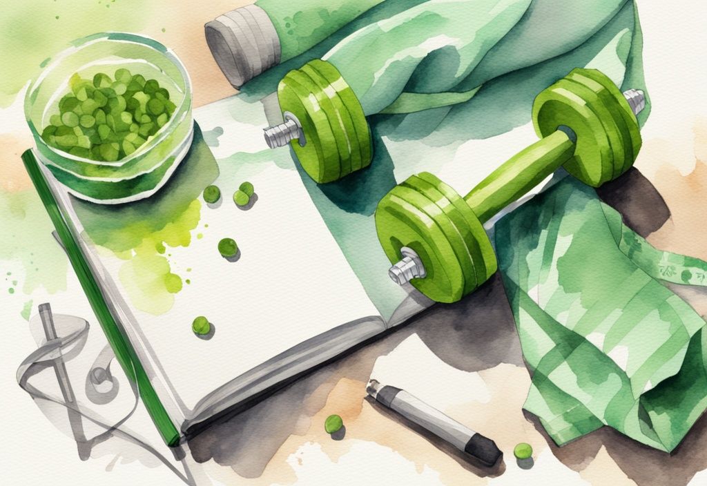 Moderne Aquarellillustration mit grünem Farbschema, ein Maßband um eine Glasschale mit Flohsamenschalen zum Abnehmen gewickelt, im Hintergrund ein Fitnessjournal und Hanteln.