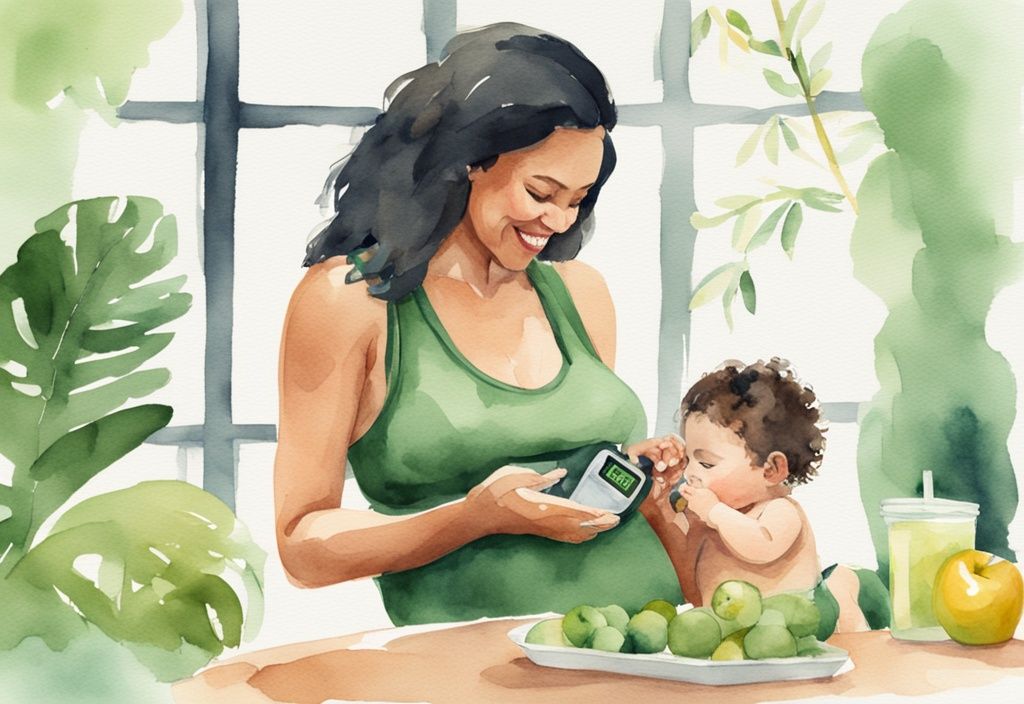 Moderne Aquarellillustration einer Mutter, die ihr Baby stillt, einen gesunden Snack isst und ihren Fitness-Tracker überprüft, wie Abnehmen in der Stillzeit.