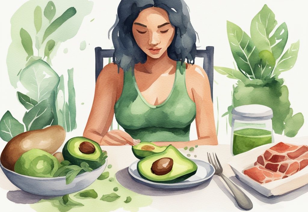 Moderne Aquarellillustration mit grüner Farbgebung, fit zufriedene Person betrachtet Sanduhr und hält Teller mit ketogener Diät, einschließlich Avocado, Eier und Fleisch.