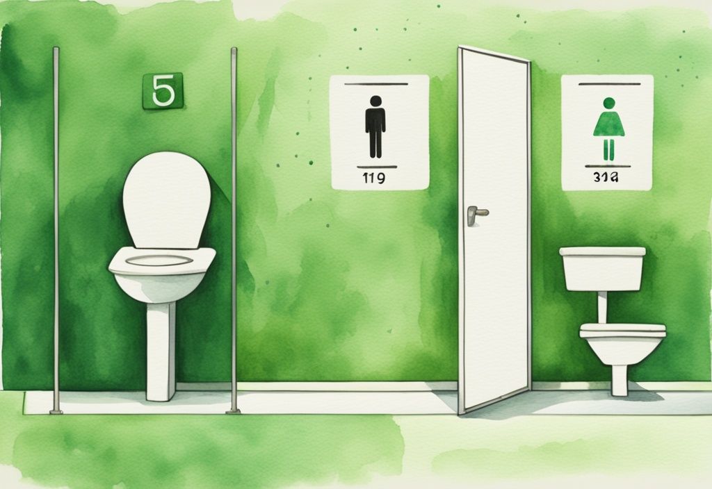 Moderne Aquarellillustration in Grün, die eine Waage vor und nach der Nutzung einer Toilette durch eine Strichfigur zeigt, symbolisiert Gewichtsverlust beim Stuhlgang; Keyword: wie viel Gewicht verliert man beim Stuhlgang.