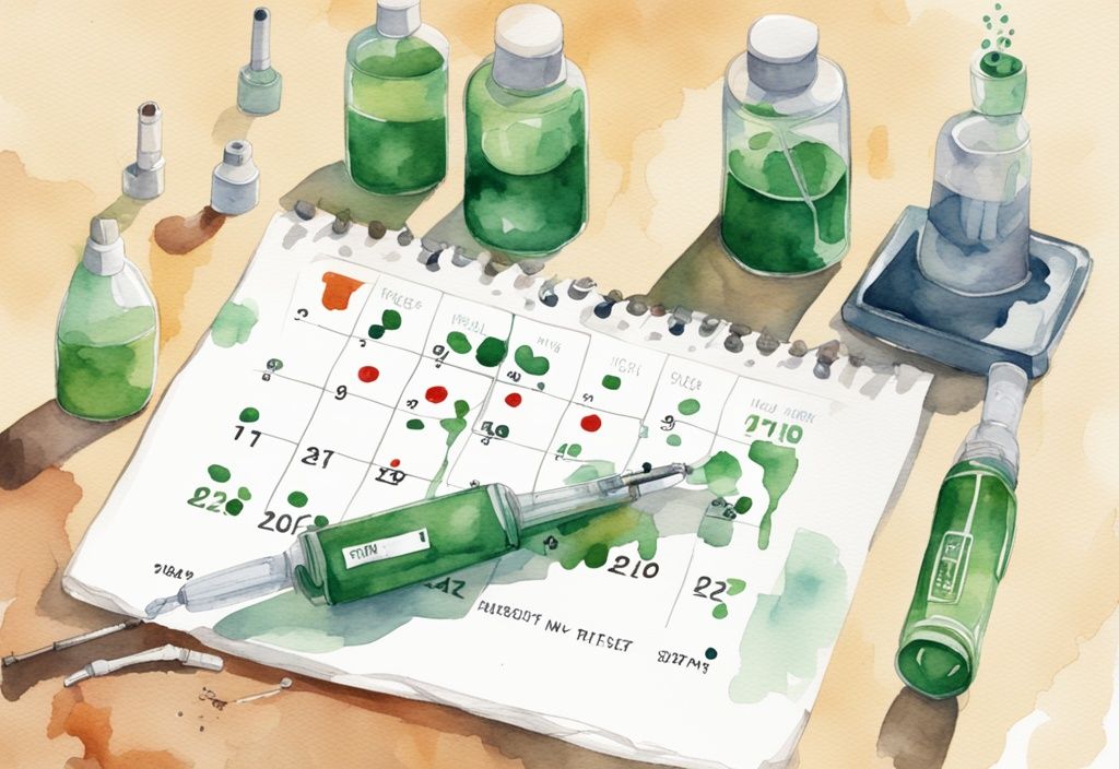 Moderne Aquarellillustration in Grün mit Kalender, der die Häufigkeit der Fett-weg-Spritze wie oft markiert, neben einer Spritze mit Injektionsflüssigkeit.