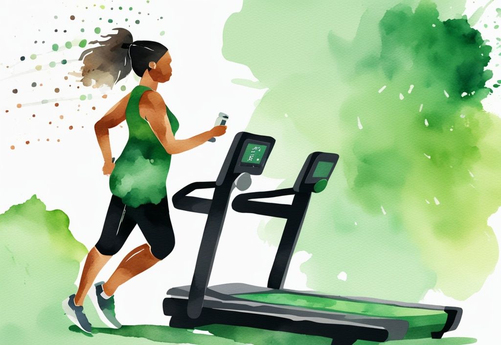 Moderne Aquarell-Illustration mit grünem Farbschema, Stoppuhr neben schwitzender Person auf Laufband, die Dauer von Cardio-Workouts zur Gewichtsreduktion veranschaulicht.