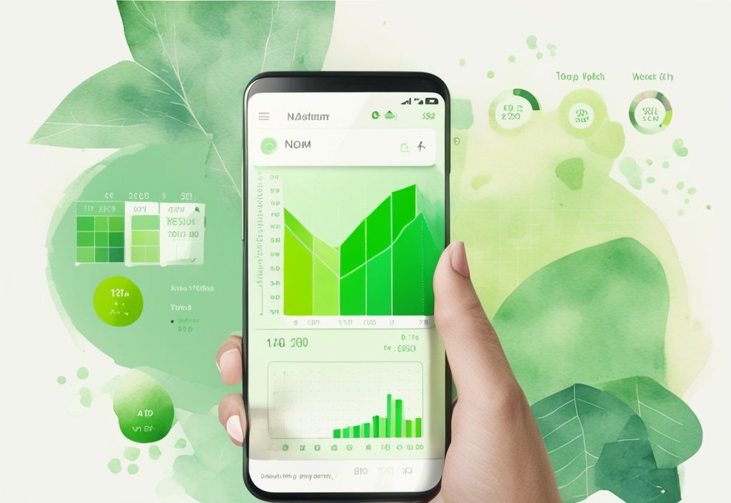 Moderne Aquarellillustration in Grün mit einem Smartphone, das die Noom-App-Oberfläche zeigt, einschließlich bunter Diagramme und Grafiken zur Darstellung des Gewichtsverlustfortschritts eines Benutzers. Keyword: was ist Noom zum Abnehmen.