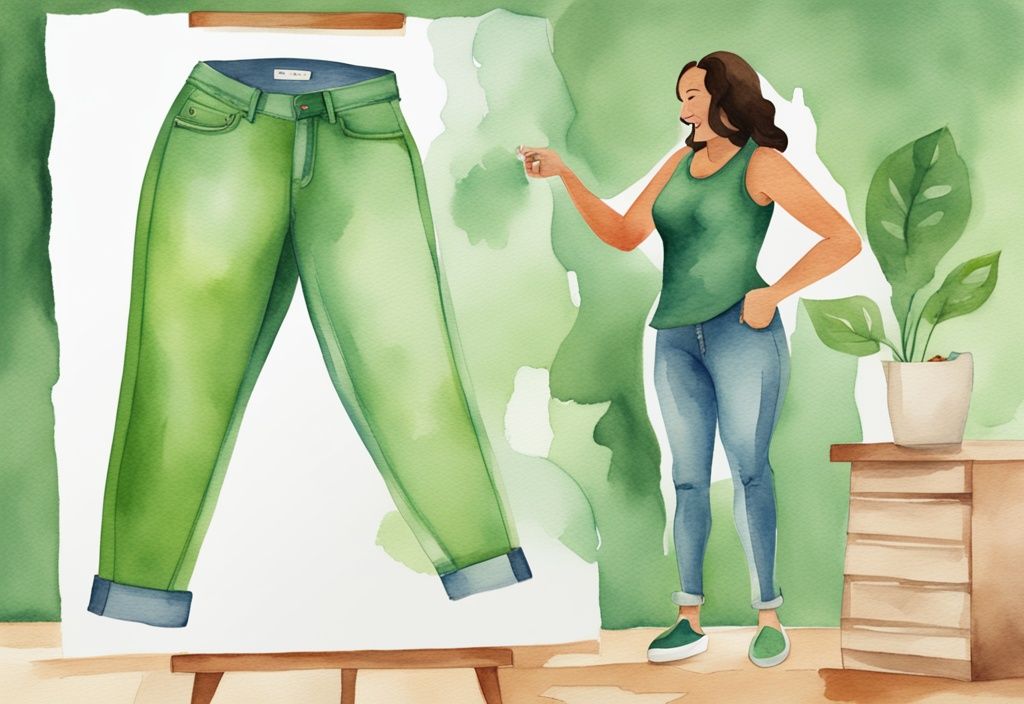 Moderne Aquarellillustration einer Frau, die ihre alte Jeans mit einer neuen, kleineren vergleicht, was ihren Gewichtsverlust über mehrere Wochen darstellt. Hauptfarbe Grün.