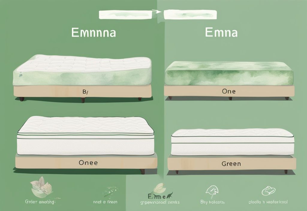 Moderne Aquarell-Illustration mit grüner Farbgebung, die einen Vergleich verschiedener Emma One Matratzenmodelle mit Gewichtsangaben zeigt.