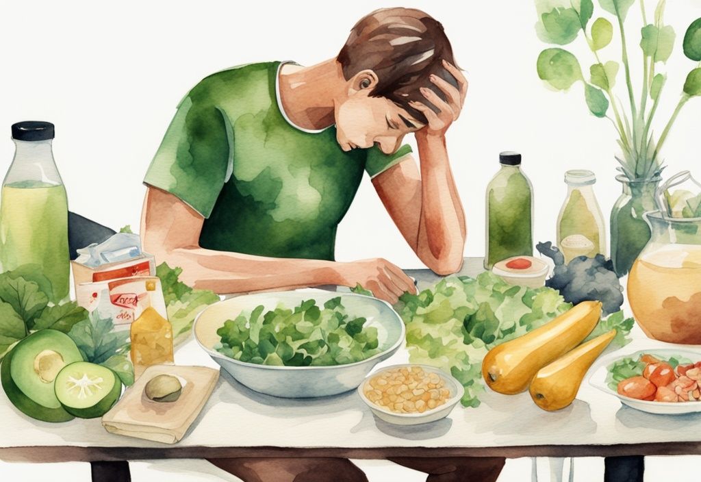 Moderne Aquarellillustration einer erschöpften, dünnen Person an einem Tisch mit fettarmen Lebensmitteln wie Salat, Obst und Getreideprodukten, symbolisiert was passiert wenn man zu wenig Fett isst.