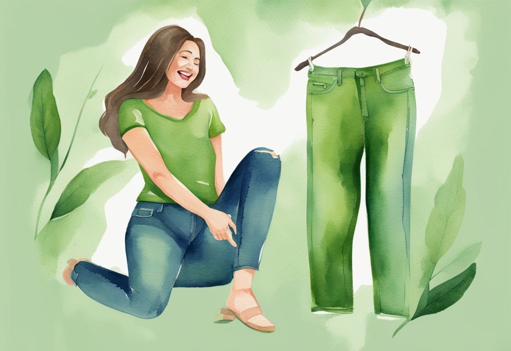 Frau vergleicht glücklich alte und neue Jeans nach erfolgreichem Gewichtsverlust, moderne grüne Aquarellillustration