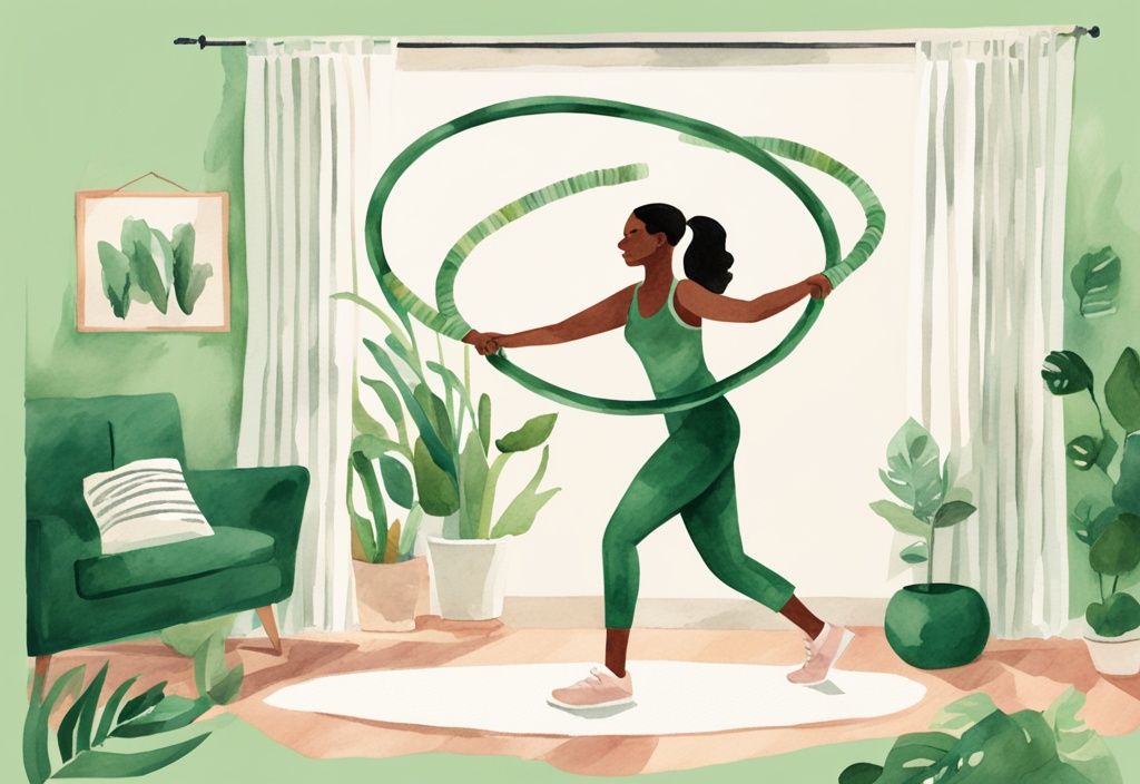 Moderne Aquarell-Illustration einer Frau, die mit einem gewichteten Hula-Hoop-Reifen in ihrem Wohnzimmer trainiert, umgeben von kleinen Illustrationen, die Vorteile wie verbesserte Rumpfstärke, bessere Haltung und Gewichtsverlust zeigen.