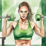 Moderne Aquarell-Illustration einer Frau beim Brusttraining im Fitnessstudio, gesunde Methode: wie kann man an der Brust abnehmen, Hauptfarbe Grün.