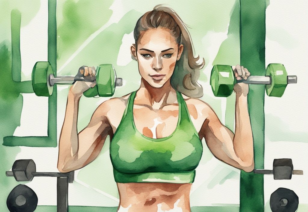 Moderne Aquarell-Illustration einer Frau beim Brusttraining im Fitnessstudio, gesunde Methode: wie kann man an der Brust abnehmen, Hauptfarbe Grün.