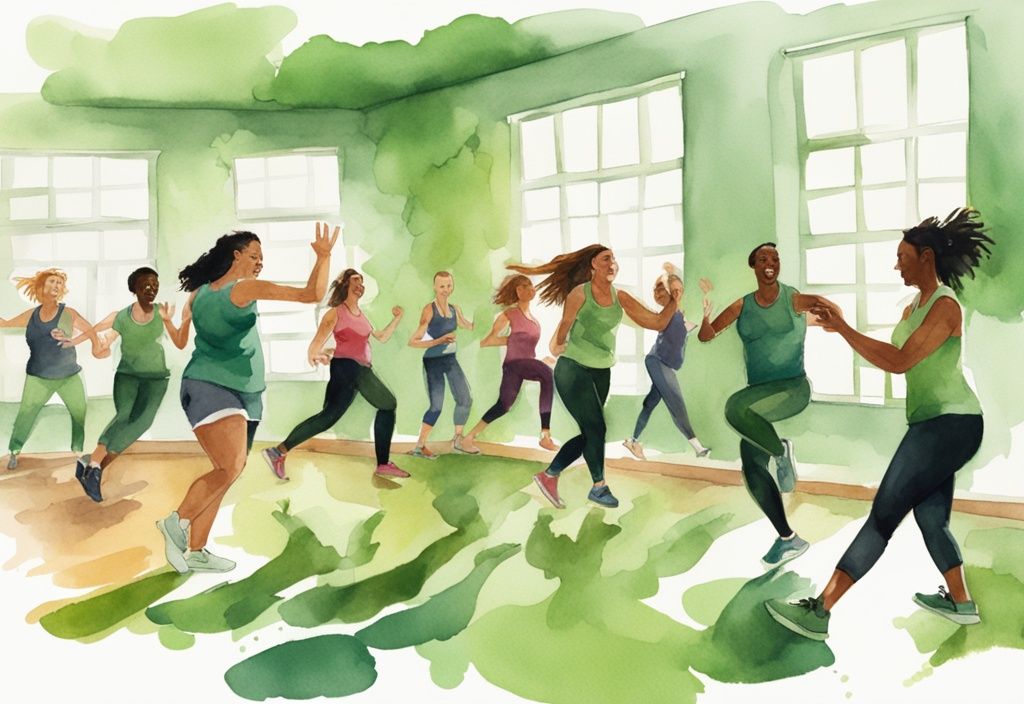 Moderne Aquarell-Illustration einer vielfältigen Gruppe beim Zumba-Kurs, Hauptfarbe grün, mit sichtbarem Stundenplan für häufige Sitzungen.