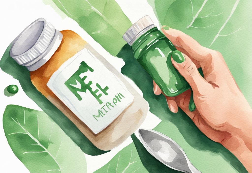 Moderne Aquarellillustration mit grünem Farbthema, Hand hält Metformin-Flasche mit Dosierlöffel, Hinweis auf Gewichtsverlustkontrolle.