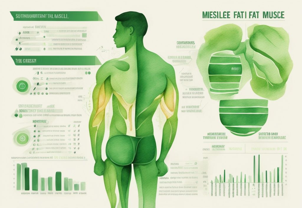 Moderne Aquarellillustration mit grünem Farbschema, zeigt eine Infografik zum Stoffwechselprozess, die veranschaulicht, was verbrennt der Körper zuerst Fett oder Muskeln.