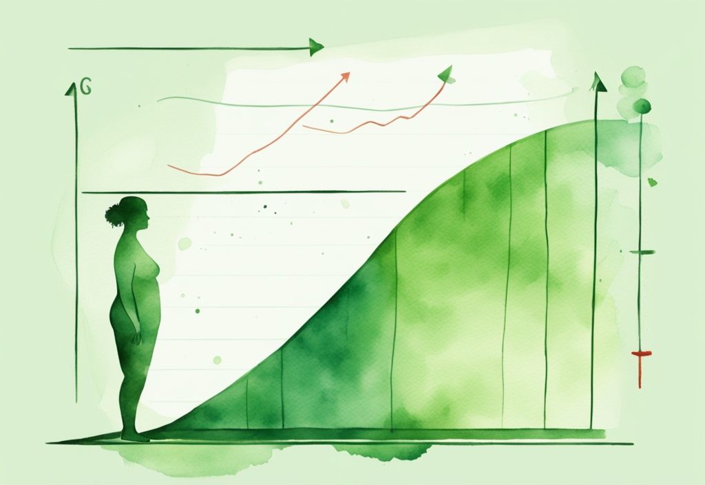 Moderne Aquarellillustration einer frustrierten Person auf einer Waage vor einem aufsteigenden und dann abflachenden Diagramm, das die Plateauphase beim Abnehmen symbolisiert.