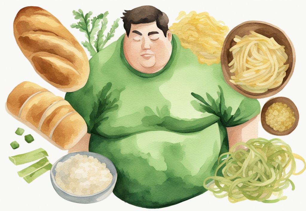 Moderne Aquarellillustration mit grünem Farbschema, zeigt einen Haufen Kohlenhydrate wie Brot, Pasta und Reis auf der einen Seite und eine vergrößerte Taille einer Person auf der anderen Seite, symbolisiert Fettzunahme, warum machen Kohlenhydrate fett.