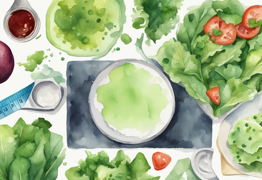 Moderne Aquarellillustration in Grün, verschiedene Schüssler Salze, Maßband und frischer Salat, welche Schüssler Salze zum Abnehmen