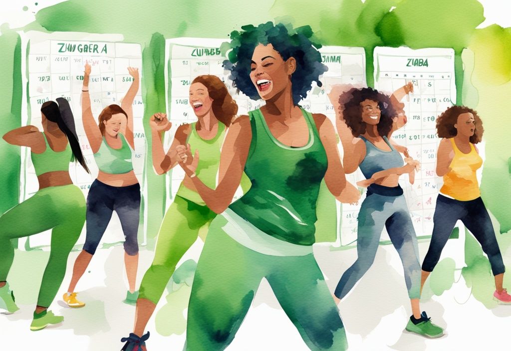 Moderne Aquarellillustration einer vielfältigen Gruppe von Frauen beim Zumba-Kurs mit digitalem Kalender, der zeigt, wie oft Zumba zum Abnehmen stattfindet.