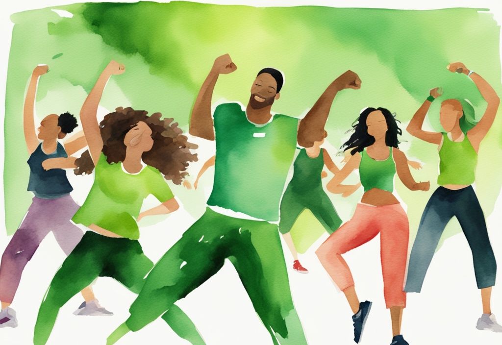 Moderne Aquarell-Illustration einer vielfältigen Gruppe von Menschen, die energisch an einem Zumba-Kurs teilnehmen, mit einem sichtbaren Zeitplan an der Wand für häufige Sitzungen.