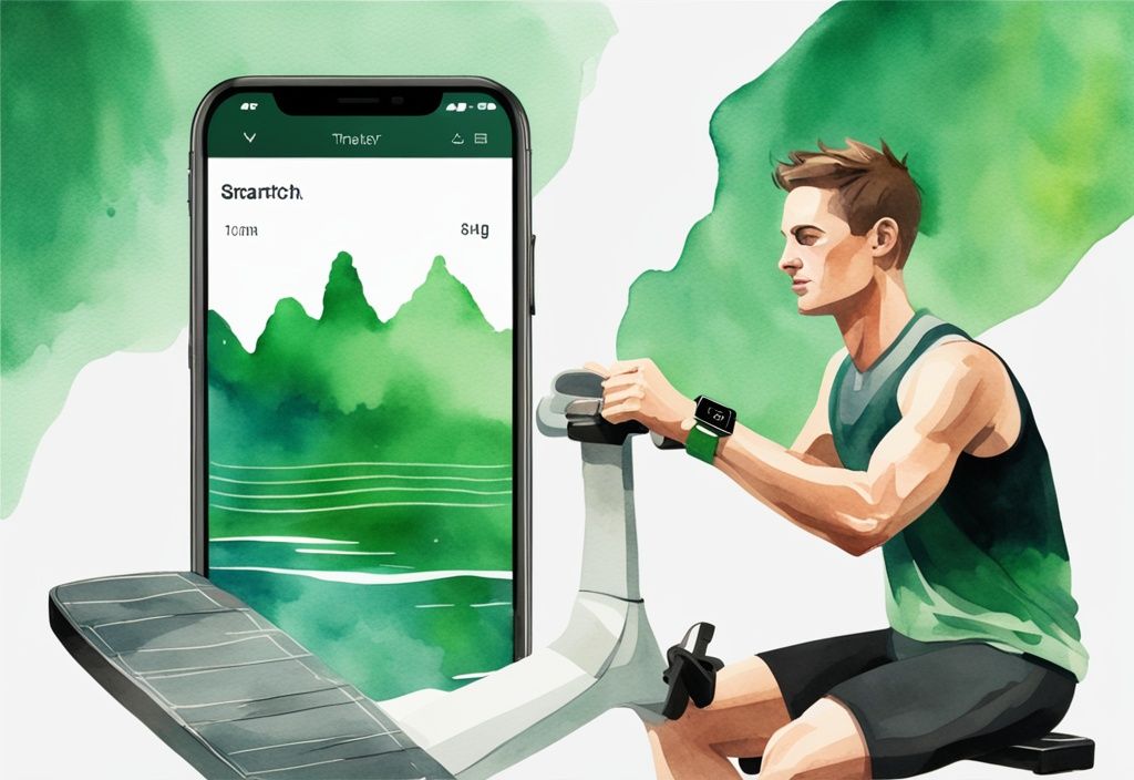 Moderner Aquarell-Illustration: Sportlicher Mensch prüft Smartwatch oder App für Ruderfrequenzen, Rudergerät im Hintergrund, wie oft rudern zum Abnehmen.