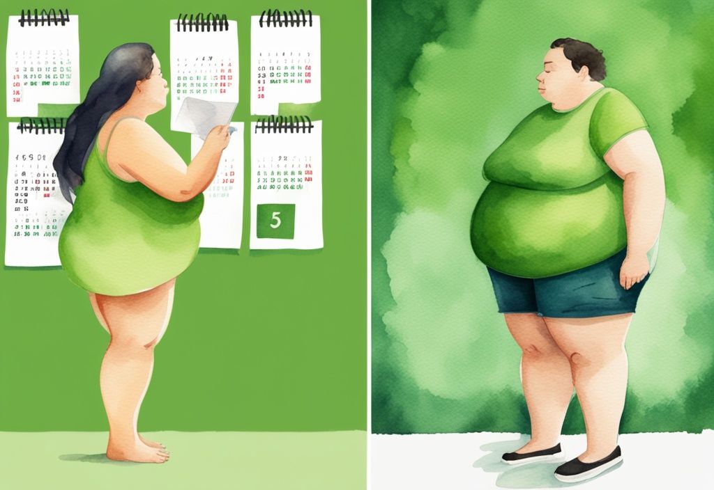 Moderne Aquarellillustration zur Gewichtsabnahme, grüne Farbthematik, zeigt Vorher-Nachher-Transformation mit 5 Kilo Gewichtsverlust und Kalender zur Daueranzeige