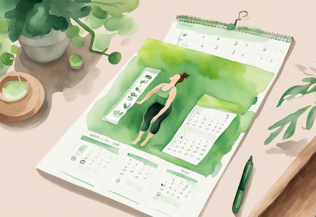 Moderne Aquarellillustration einer Frau, die auf einer Matte Pilates-Übungen macht, mit einem Kalender im Hintergrund, der ihren wöchentlichen Gewichtsverlustplan darstellt.